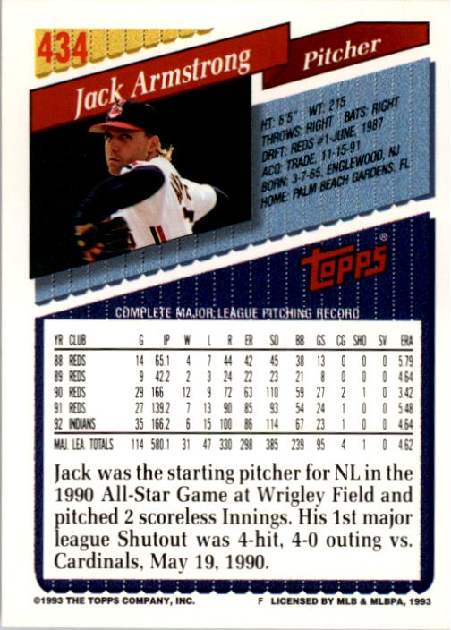 1993 Topps #434 Jack Armstrong back image