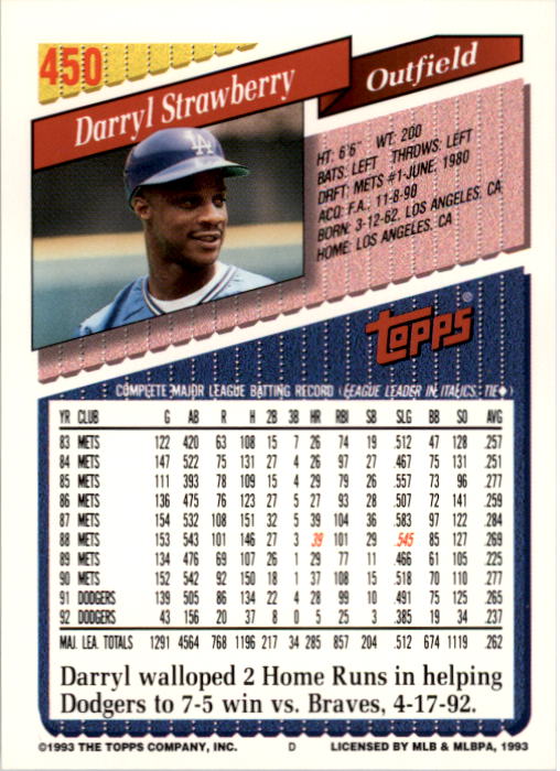 1993 Topps #450 Darryl Strawberry back image