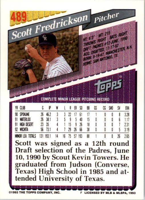 1993 Topps #489 Scott Fredrickson RC back image
