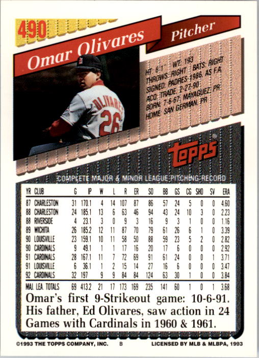 1993 Topps #490 Omar Olivares back image