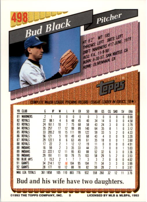 1993 Topps #498 Bud Black back image