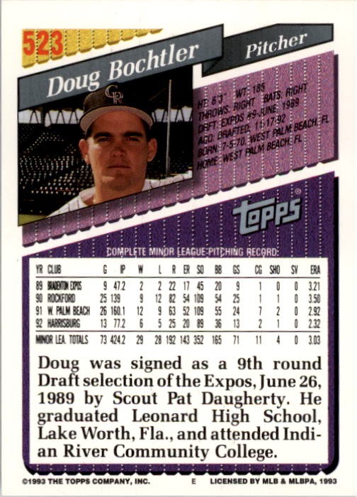 1993 Topps #523 Doug Bochtler RC back image