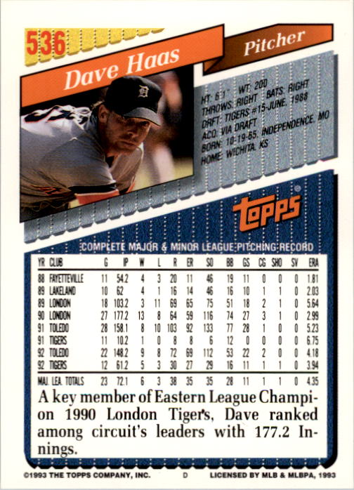 1993 Topps #536 Dave Haas back image