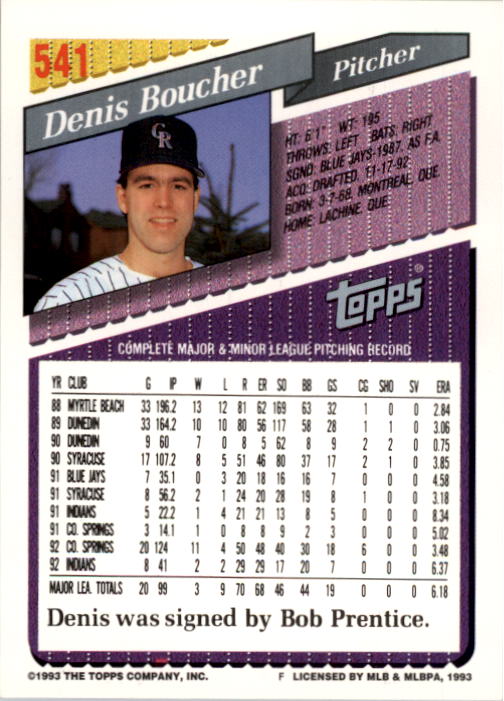 1993 Topps #541 Denis Boucher back image