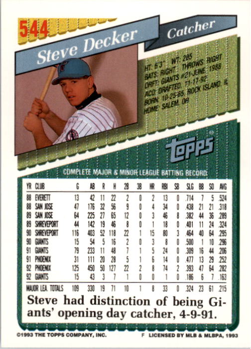 1993 Topps #544 Steve Decker back image