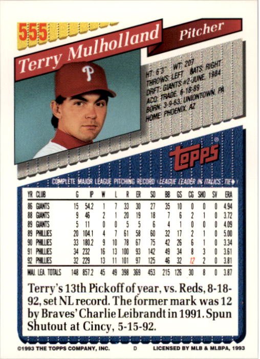 1993 Topps #555 Terry Mulholland back image