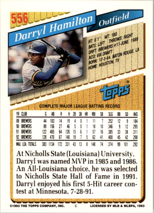 1993 Topps #556 Darryl Hamilton back image