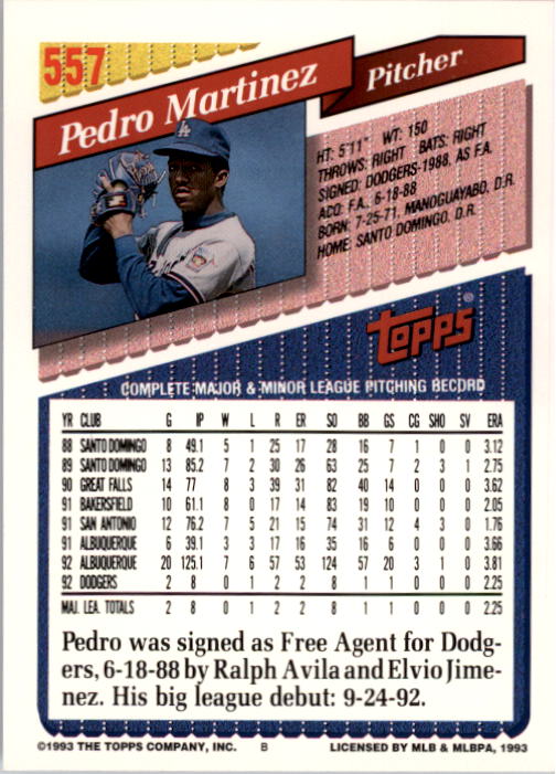 1993 Topps #557 Pedro Martinez back image