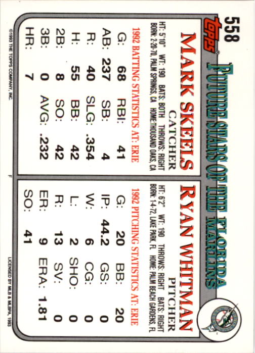 1993 Topps #558 Ryan Whitman RC/Mark Skeels back image