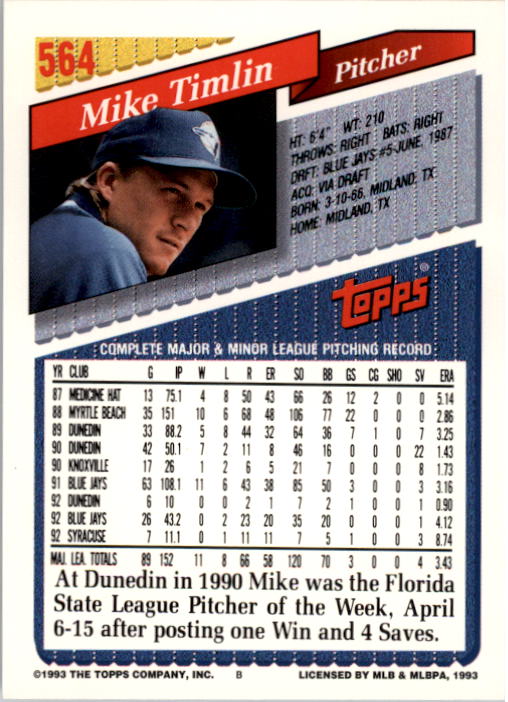 1993 Topps #564 Mike Timlin back image