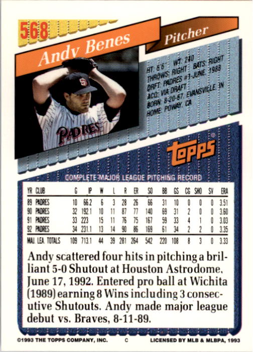 1993 Topps #568 Andy Benes back image