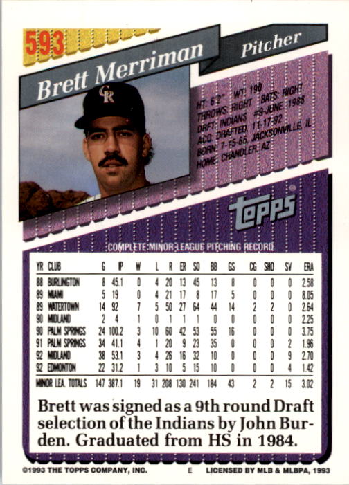 1993 Topps #593 Brett Merriman RC back image