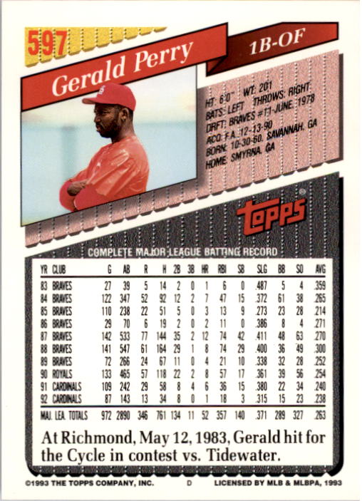 A6983- 1993 Topps Baseball Cards 401-650 +Rookies -You Pick- 15+ FREE US SHIP - Picture 379 of 485