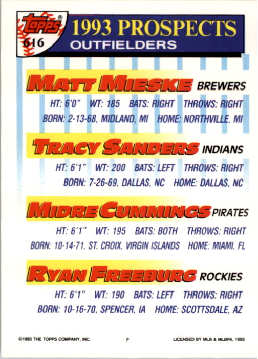 1993 Topps #616 Matt Mieske/Tracy Sanders/Midre Cummings RC/Ryan Freeburg back image