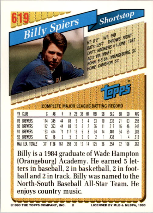 1993 Topps #619 Billy Spiers back image