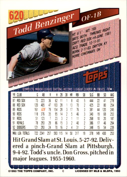 1993 Topps #620 Todd Benzinger back image