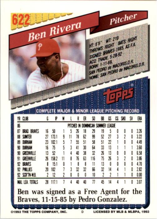 1993 Topps #622 Ben Rivera back image