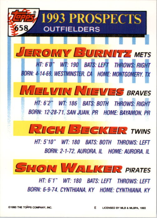 1993 Topps #658 Jeromy Burnitz/Melvin Nieves/Rich Becker/Shon Walker RC back image