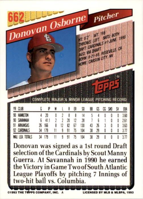 1993 Topps #662 Donovan Osborne back image