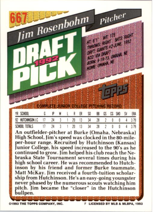 1993 Topps #667 Jim Rosenbohm RC back image