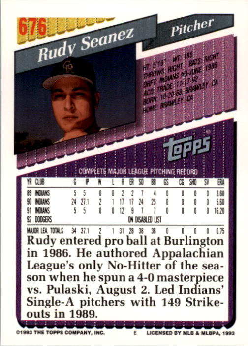 1993 Topps #676 Rudy Seanez back image