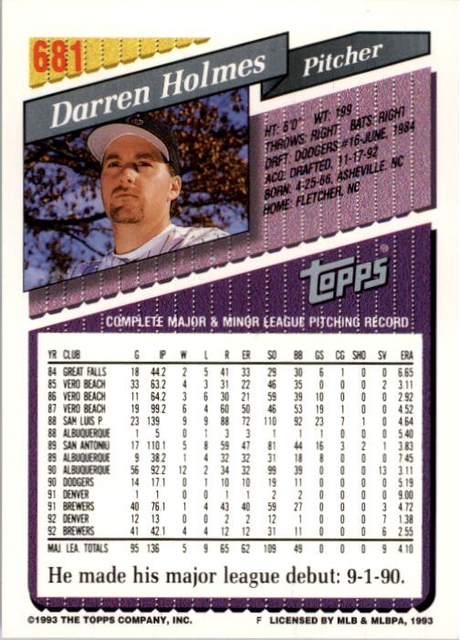 1993 Topps #681 Darren Holmes back image