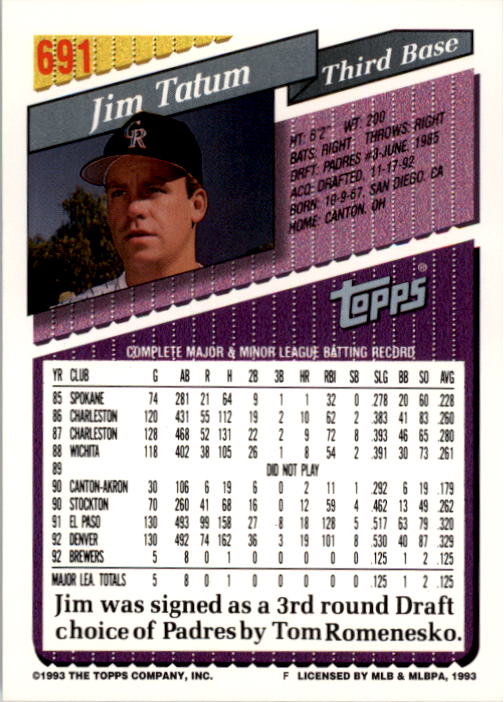 1993 Topps #691 Jim Tatum RC back image