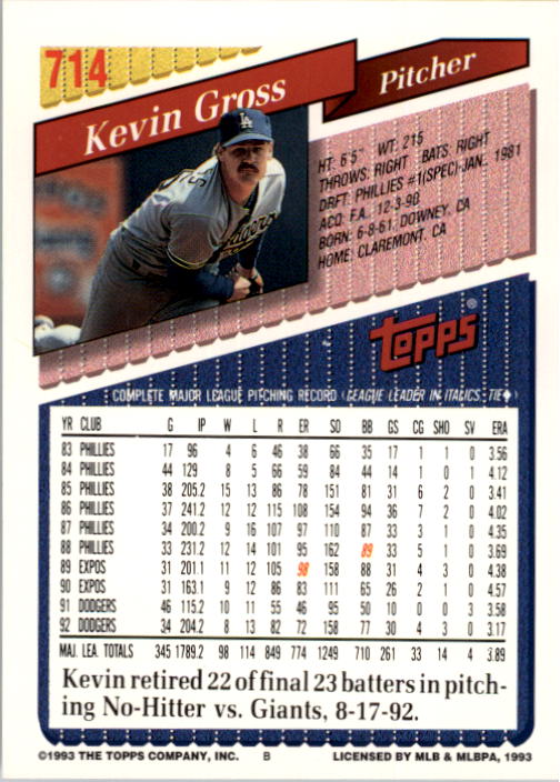 1993 Topps #714 Kevin Gross back image