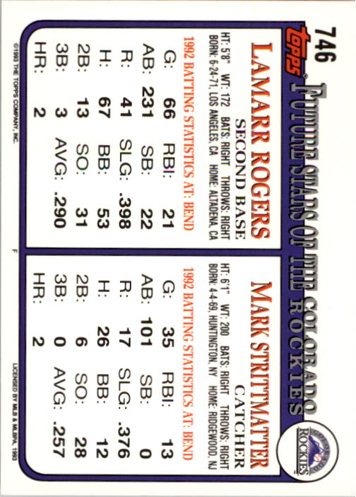 1993 Topps #746 Mark Strittmatter/Lamarr Rogers RC back image
