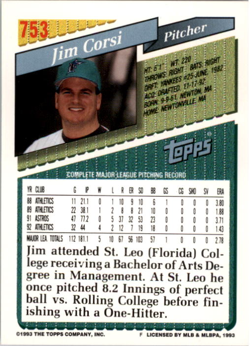 1993 Topps #753 Jim Corsi back image