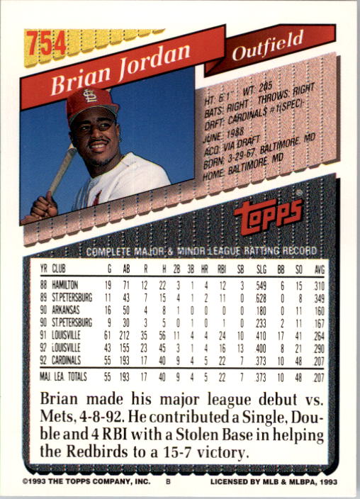 1993 Topps #754 Brian Jordan back image