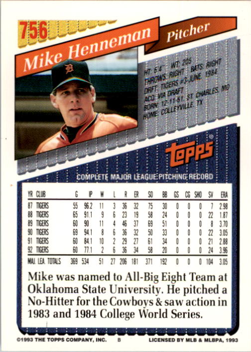 1993 Topps #756 Mike Henneman back image