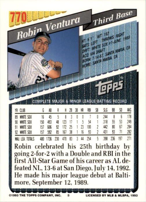 1993 Topps #770 Robin Ventura back image