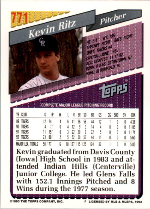 1993 Topps #771 Kevin Ritz back image