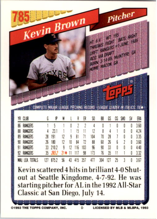1993 Topps #785 Kevin Brown back image