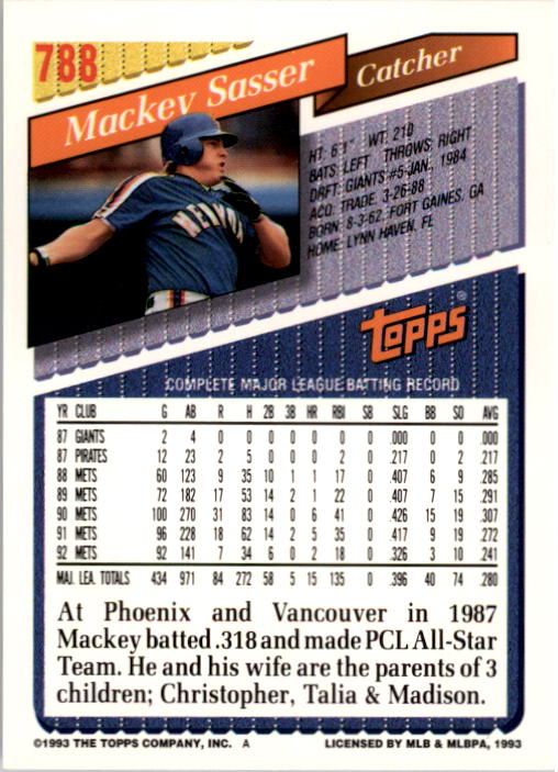 1993 Topps #788 Mackey Sasser back image