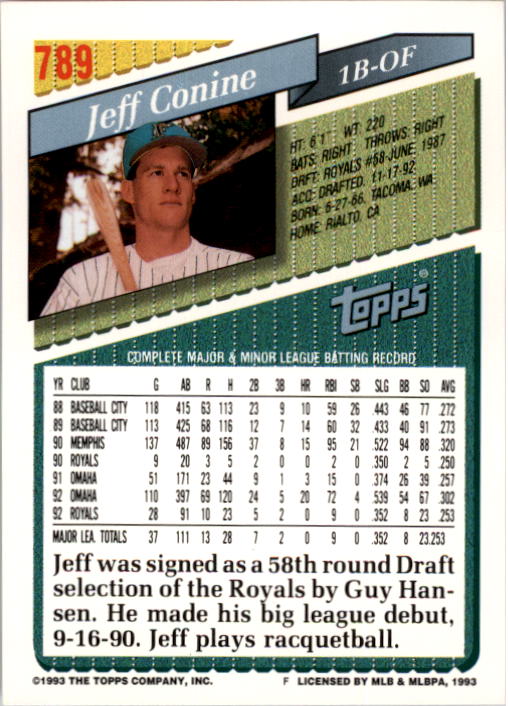1993 Topps #789 Jeff Conine UER/No inclusion of 1990/RBI stats in career total back image