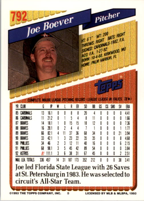 1993 Topps #792 Joe Boever back image