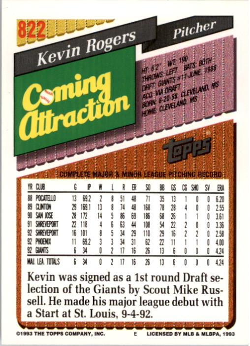 1993 Topps #822 Kevin Rogers back image