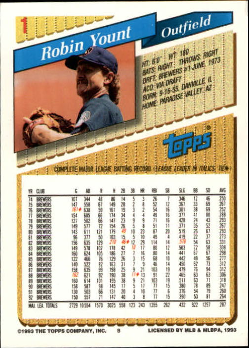 1993 Topps Gold #1 Robin Yount back image