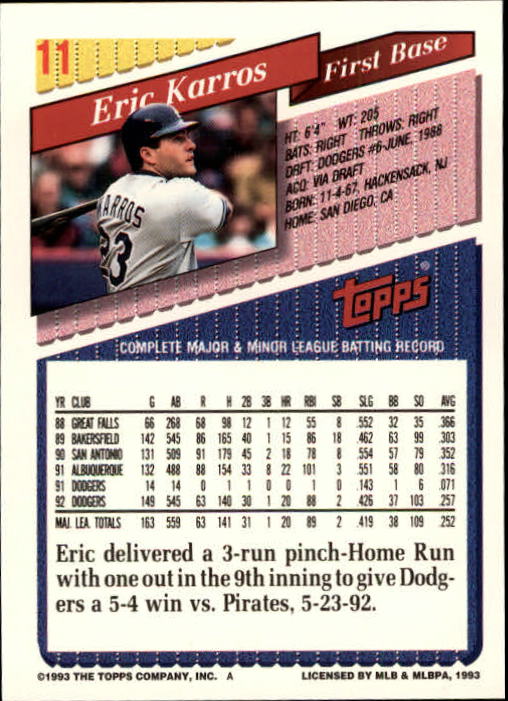 1993 Topps Gold #11 Eric Karros back image