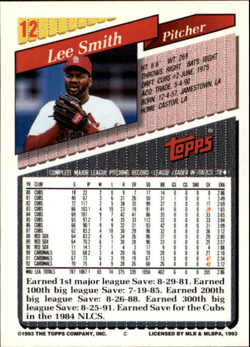1993 Topps Gold #12 Lee Smith back image