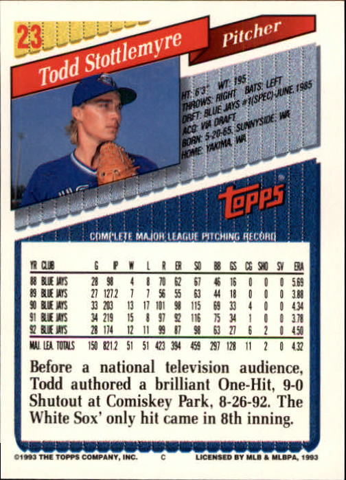 1993 Topps Gold #23 Todd Stottlemyre back image