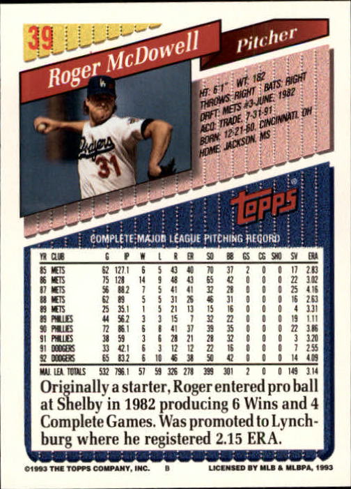 1993 Topps Gold #39 Roger McDowell back image