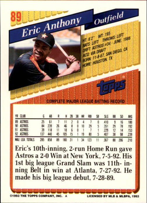 1993 Topps Gold #89 Eric Anthony back image