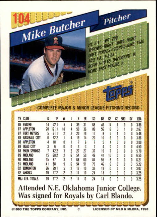 1993 Topps Gold #104 Mike Butcher back image