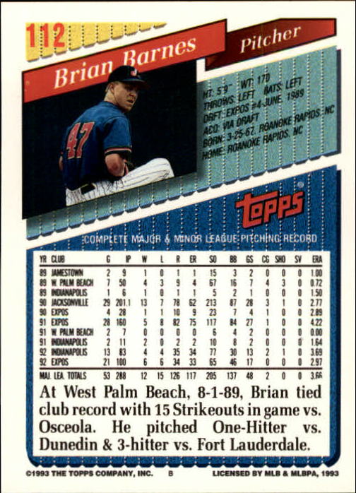 1993 Topps Gold #112 Brian Barnes back image