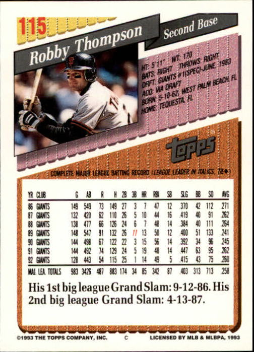 1993 Topps Gold #115 Robby Thompson back image