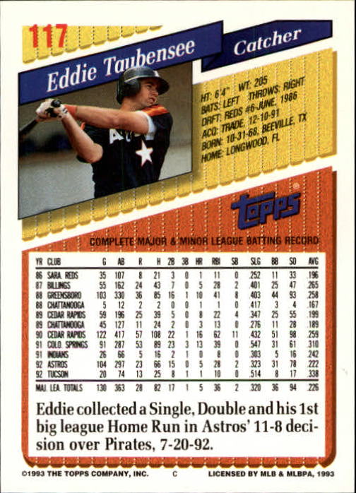 1993 Topps Gold #117 Eddie Taubensee back image