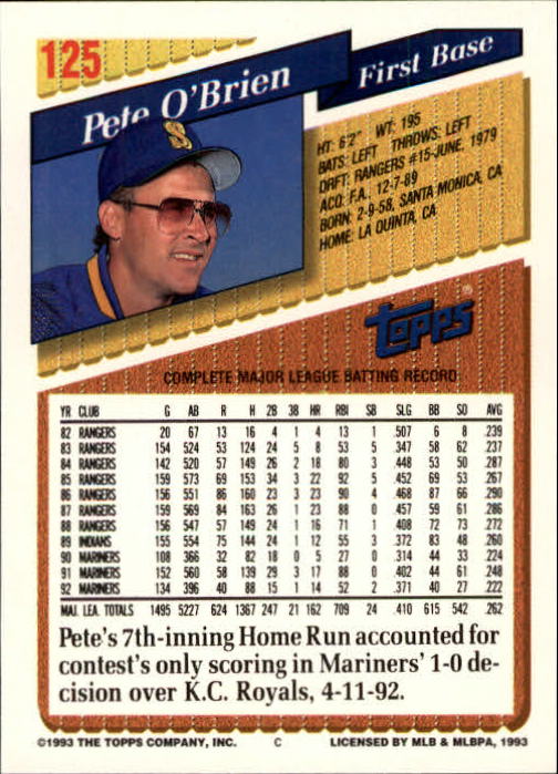 1993 Topps Gold #125 Pete O'Brien back image
